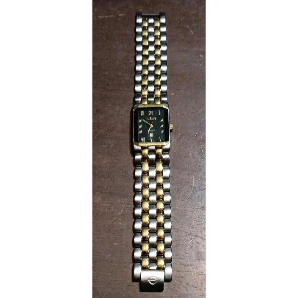 Men's ELGIN Classic Two-Tone Black Dial, Steel Bracelet Quartz Watch, Date, 25mm